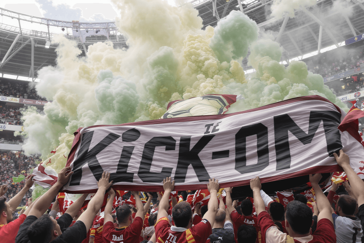 Animation tifo en tribune avec grand visuel textile